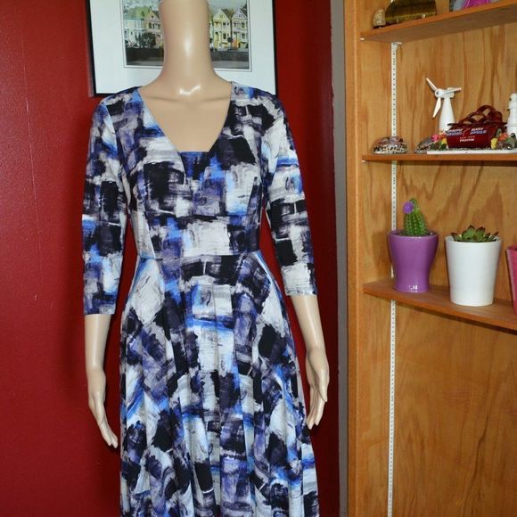 “Simply Vera Vera Wang Abstract Print Midi Dress XS 3/4 Sleeve A-Line Scoop Neck - Picture 7 of 13
